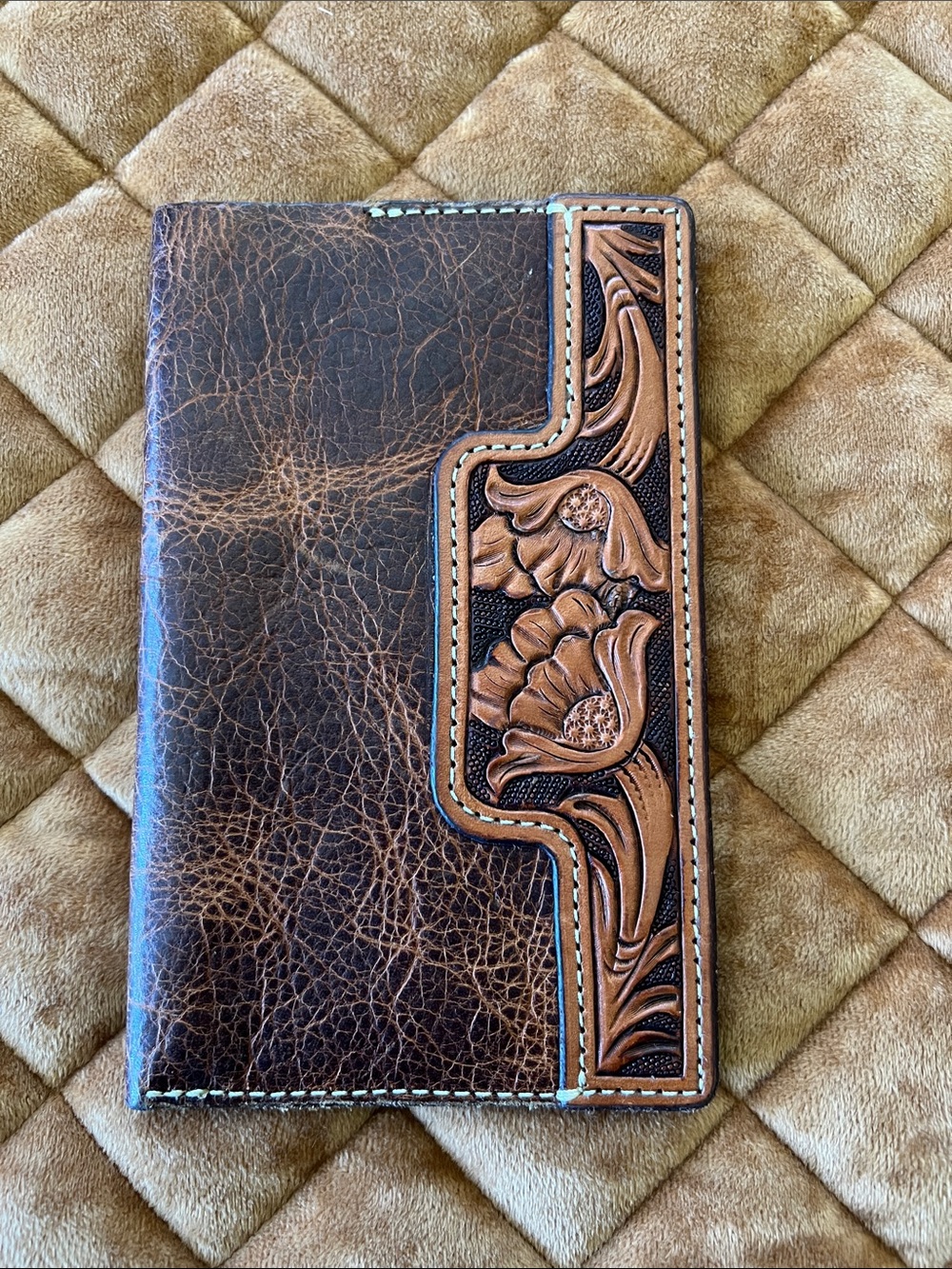 Brown Tooled Leather Floral Checkbook Cover - Handmade
